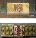 The microrobot is about the width of a fingernail, significantly slimmer than a dime. Wires to the center transmit power and directions. At the front and back are an 8-by-8 grid of tiny, shuffling legs.