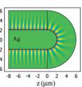 Field distribution after the transformation of a dielectric material shows the nearly perfect transmission of a light beam around a 180 degree bend.