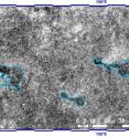 Ephemeral lake observations in Titan's south polar region near (60S,150E). The blinking image shows partially filled lakes (outlined in cyan) disappearing between images obtained in December 2007 (Cassini pass T39) and May 2009 (T55). Models of the change in radar brightness suggest that the amount of liquid loss is ~1 m/yr, consistent with the analysis of shoreline recession at Ontario Lacus.