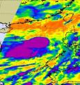 NASA's Aqua satellite provided an infrared look at Tropical Storm Conson's thunderstorm cloud-top temperatures on July 14 at 1747 UTC (1:47 p.m. EDT) and found 2 large areas of strong convection and icy cold (high, strong thunderstorms) cloud tops that were colder than -63 Fahrenheit (purple).