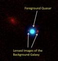 These images of the first-ever foreground quasar (blue) lensing a background galaxy (red) were taken with the Keck II telescope using laser guide-star adaptive optics.