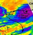 This infrared image from the Atmospheric Infrared Sounder instrument on NASA's Aqua satellite captured the high, cold, thunderstorm clouds (purple) located mostly east of Tropical Storm Chanthu's center. This was captured as Chanthu was approaching China on July 21 at 17:53 UTC (1:53 p.m. EDT). That area of strongest convection shifted to the south after landfall.