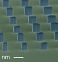 This is a colorized micrograph of semiconductor nanowires grown at NIST in a precisely controlled array of sizes and locations.