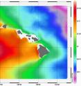Average ocean temperature differences (at water depths of between 20 meters and 1000 meters depths) around the main Hawaiian Islands for the period July 1, 2007, through June 30, 2009, (the color palette is from 18°C to 24°C); the relatively more favorable area in the lee of the islands is clearly visible.