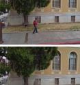 The dog stands alone (bottom image) after a UC San Diego pedestrian remover automatically removed the man walking the dog (top image) and filled in the hole with building, grass, curb and sidewalk. Computer science graduate student Arturo Flores from the University of California, San Diego developed this proof-of-concept “pedestrian removal” system. Flores and UC San Diego computer science professor Serge Belongie presented the work in June 2010 at the IEEE International Workshop on Mobile Vision. Their paper:“Removing pedestrians from Google Street View images.”