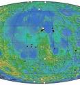 This map illustrates the distribution of lobate scarp features located thus far. Black dots indicate previously known scarps while white dots depict newly detected scarps found in images from the Lunar Reconnaissance Orbiter Camera.