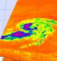 This infrared image from NASA's AIRS instrument onboard the Aqua satellite shows Tropical Depression 9 on Sept. 1 at 03:41 UTC (Aug. 31 at 11:41 p.m. EDT). It shows high thunderstorm cloud tops west and southwest of the center of circulation (purple) indicating strong convection.