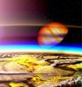 This artist's conception shows an extremely volcanic moon orbiting a gas giant planet in another star system. New research suggests that astronomers using the James Webb Space Telescope could potentially detect volcanic activity on a distant Earth-sized planet by measuring volcanic gases in its atmosphere. This artist's conception shows an extremely volcanic moon orbiting a gas giant planet in another star system. New research suggests that astronomers using the James Webb Space Telescope could potentially detect volcanic activity on a distant Earth-sized planet by measuring volcanic gases in its atmosphere.