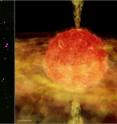 The composite image on the left shows X-ray and optical data for BP Piscium (BP Psc), a more evolved version of our Sun about 1,000 light years from Earth. Chandra X-ray Observatory data are colored in purple, and optical data from the 3-meter Shane telescope at Lick Observatory are shown in orange, green and blue.  BP Psc is surrounded by a dusty and gaseous disk and has a pair of jets several light years long blasting out of the system. A close-up view is shown by the artist's impression on the right. For clarity a narrow jet is shown, but the actual jet is probably much wider, extending across the inner regions of the disk. Because of the dusty disk, the star’s surface is obscured in optical and near infrared light.  Therefore, the Chandra observation is the first detection of this star in any wavelength.