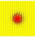 The animation this frame was taken from (q.v.) shows the development of the soliton over the course of about 2.7 nanoseconds. Current begins passing through the channel in the center, causing the magnetization to oscillate. These oscillations initially move throughout the layer, but after 1.8 ns the magnetization under the hole inverts to form the soliton (center changes to red) and the oscillations are then localized.