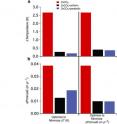 This graph shows climate model results relative to the low-CO2 climate. The left side shows results when temperature differences are minimized. The right side shows results when precipitation minus evaporation (PminusE) is minimized. The upper panel shows results for temperature and the bottom panel shows results for precipitation minus evaporation. In the model, geoengineering reduces the amount of change in both temperature and precipitation minus evaporation caused by high CO2 concentrations. Using a parabolic distribution of aerosols (more aerosols in the polar regions) slightly improves the cancellation of temperature changes but slightly degrades the ability to reverse changes in precipitation minus evaporation.