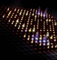 This is a graphic representation of the two-photon quantum walk. This 
unique behavior simulates the quantum walks in more complex spaces. The size, color and intensity of the points corresponds to the likelihood of the two photons appearing each location. The two areas of increased 
probability is a hallmark of quantum behavior.