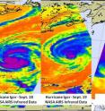 The Atmospheric Infrared Sounder Instrument (AIRS) that flies on NASA's Aqua satellite captured infrared images of Hurricane Igor's cold cloud temperatures and cloud cover on Sept. 18 (left), Sept. 19 (center), and Sept. 20 (right). Igor lost its circular shape by Sept. 20, and there were very few high, strong thunderstorms (purple) where the cloud tops were colder than -63F.