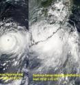 These two images of Typhoon Fanapi from the MODIS instrument on two NASA satellites. The image of Fanapi approaching Taiwan (left) was captured on Sept. 18 at 220 UTC from NASA's Terra satellite. The image of Fanapi making landfall in China from was captured on Sept. 20 at 05:15 UTC from NASA's Aqua Satellite.