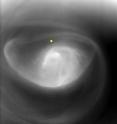 This image, of the "eye of the hurricane" on Venus was taken by the Visible and Infrared Thermal Imaging Spectrometer on board Venus Express.

This picture shows a region in the venusian atmosphere about 60 km from the surface, at a wavelength of about 5 micrometers. In this figure, the dipole assumes an eye-like shape and from here until the last image, it is possible to see how its shape evolves rapidly in a span of only 24 hours.

The yellow dot in the image indicates the location of the south pole.