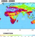 These four maps illustrate the potential for future drought worldwide over the decades indicated, based on current projections of future greenhouse gas emissions. These maps are not intended as forecasts, since the actual course of projected greenhouse gas emissions as well as natural climate variations could alter the drought patterns.

The maps use a common measure, the Palmer Drought Severity Index, which assigns positive numbers when conditions are unusually wet for a particular region, and negative numbers when conditions are unusually dry. A reading of -4 or below is considered extreme drought. Regions that are blue or green will likely be at lower risk of drought, while those in the red and purple spectrum could face more unusually extreme drought conditions.