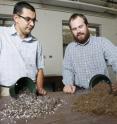Roberto Lopez, from left, and Chris Currey have shown that rice hulls (at right) can be used as a substitute for perlite in growing media without affecting plant growth regulators.