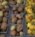 Potatoes and scotch bonnet peppers are for sale at a local farmers' market.