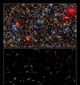 The multicolor snapshot (top), taken with the Wide Field Camera 3 aboard the NASA/ESA Hubble Space Telescope, captures the central region of the giant globular cluster Omega Centauri. All the stars in the image are moving in random directions, like a swarm of bees. Astronomers used Hubble's exquisite resolving power to measure positions for stars in 2002 and 2006.

From these measurements, they can predict the stars' future movement. The lower illustration charts the future positions of the stars highlighted by the white box in the top image. Each streak represents the motion of the stars over the next 600 years. The motion between the dots corresponds to 30 years.