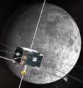 An artist's concept of one of the twin ARTEMIS probes in orbit around the moon. Formerly part of the THEMIS suite of five probes in Earth orbit, these two micro-satellites will now observe the solar wind's impact on the Earth's magnetic field at a much greater distance from Earth, and the wake left by the moon as it travels through the magnetosphere.
