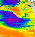 This infrared image of Tropical Storm Anggrek was captured by the Atmospheric Infrared Sounder instrument aboard NASA's Aqua satellite on Nov. 3 at 07:05 UTC (3:05 a.m. EDT). Strong, cold, high thunderstorm cloud tops (purple) circled the storm's center of circulation.