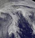 The GOES-13 satellite captured an image of the cold front stalking Tomas' remnants in the Atlantic Ocean on Nov. 8 at 1345 UTC (8:45 a.m. EST). The cold front is the line of clouds east of the US East coast that looks like a question mark. Tomas' remnants are the tight swirl of clouds at the bottom of that line of clouds (near Bermuda).