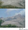 Top: This is a photo of the growing Soufriere Hills Volcano lava dome taken May 31, 2003. Bottom: This is a photo from the same location taken Aug. 12, 2003. Approximately 120,000 cubic meters of the dome collapsed in a 24-hour period.