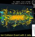 This is a picture of lead-lead collision measured in the ATLAS detector at CERN. The collision contains two powerful "jets" of particles. The new result of ATLAS shows that these can "melt" at the temperatures achieved in the lead collisions of the LHC.