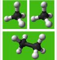 One goal of Mirica's lab is to design a metal catalyst that can pull one hydrogen (white balls) off of each of two methane molecules (top) and then combine the resulting methyl groups to form the hydrocarbon ethane (bottom). Additional steps would add to the molecule's carbon backbone, converting a gas to a more easily transported liquid.