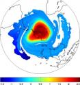 These two images show that the most "coherent set," the most nondispersive transport time from Sept. 1 to Sept. 14, is in fact the vortex itself over this domain -- demonstrating that the new technique very accurately pinpoints the polar vortex at specific times.