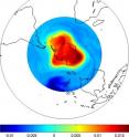 These two images show that the most "coherent set," the most nondispersive transport time from Sept. 1 to Sept. 14, is in fact the vortex itself over this domain -- demonstrating that the new technique very accurately pinpoints the polar vortex at specific times.