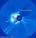 One comet discovered by SOHO is Comet 96P Machholz. It orbits the sun approximately every six years and SOHO has seen it three times.