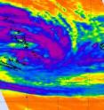 This infrared image from the NASA's AIRS instrument on Jan. 13 at 211 UTC shows that the strongest convection (purple) or heaviest rainfall and strongest thunderstorms were mostly east of Vanuatu and over open waters.