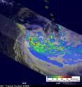 the Tropical Rainfall Measuring Mission (TRMM) satellite captured this image of Tropical Storm Vania's rainfall on Jan. 14 at 0422 UTC. The heaviest rainfall (falling at about 2 inches/50 mm per hour) in the storm was occurring in the western and southern quadrants of the storm and over southeastern New Caledonia (in red). The yellow and green areas indicate moderate rainfall between .78 to 1.57 inches per hour.