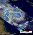 NASA's Tropical Rainfall Measuring Mission(TRMM) satellite captured this image of Tropical Storm Zelia's rainfall on Jan. 14 at 0417 UTC. The heaviest rainfall (falling at about 2 inches per hour) appears to be on the northwestern and southwestern sides of the storm and appear in red. The yellow and green areas indicate moderate rainfall between .78 to 1.57 inches per hour.