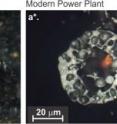 The coal&#8209;ash particle on the left is from the latest Permian extinction boundary at Buchanan Lake. Nunavut, the particle on the right is from a modern power plant.