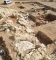 Jebel Faya rockshelter from above, looking north, shows eboulis blocks from
roof collapse and the location of excavation trenches.