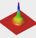 Researchers at Princeton University developed a technique for generating a laser beam out of nothing but air. They focus a pump laser on a distant point in the air and another laser beam comes back. The image shows a pulse of infra-red light from this "air laser." The center region represents the highest intensity; the outer areas have lower intensity light. The technique could be used for sensing minute quantities of gas in the air from a distance.