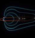 This is an artist's rendition of the five THEMIS space spacecraft traveling through the magnetic field lines around Earth.
