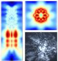 The unique structure of the nanopillars grown by UC Berkeley researchers strongly confines light in a tiny volume to enable subwavelength nanolasers. Images on the left and top right show simulated electric field intensities that describe how light circulates helically inside the nanopillars. On the bottom right is an experimental camera image of laser light from a single nanolaser.