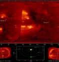 Cartesian projection of the entire solar atmosphere as observed by NRL's SECCHI EUV telescopes at a temperature of 1.6 million degrees. The lower panels show the individual images from each telescope and the middle panel shows the geometric configuration of the STEREO spacecraft at the time the images were taken. SECCHI acquires such full maps of the sun every 10 to 20 minutes.