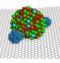 A nanoparticle of indium tin oxide (green and red) braces platinum nanoparticles (blue) on the surface of graphene (black honeycomb) to make a hardier, more chemically active fuel cell material.