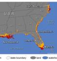 This map shows where increases in sea level could affect the southern and Gulf coasts of the US. The colors indicate areas along the coast that are elevations of 1 meter or less (russet) or 6 meters or less (yellow) and have connectivity to the sea.