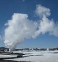 This is a view of the exploratory geothermal well during flow testing.