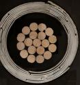 This is a cross-section of a high-temperature superconducting cable design invented at NIST. In the center are copper wires bundled with nylon and plastic insulation. The outer rings are a series of superconducting tapes wrapped in spirals around the copper. The cable is 7.5 millimeters in outer diameter.