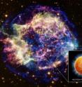 This image presents a beautiful composite of X-rays from Chandra (red, green, and blue) and optical data from Hubble (gold) of Cassiopeia A, the remains of a massive star that exploded in a supernova.  Evidence for a bizarre state of matter has been found in the dense core of the star left behind, a so-called neutron star, based on cooling observed over a decade of Chandra observations.  The artist's illustration in the inset shows a cutout of the interior of the neutron star where densities increase from the crust (orange) to the core (red) and finally to the region where the "superfluid" exists (inner red ball.)