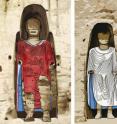 The illustration shows the colored appearance of the Bamiyan Buddhas’ robes at the end of the 10th century. Parts damaged in later periods, which cannot be reconstructed, are made visible.