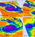 This time series of AIRS imagery shows the progression and death of Tropical Cyclone Atu. On Feb. 21 at 02:17 UTC Tropical Cyclone Atu when it was over New Caledonia and Vanuatu bringing rainfall and gusty winds. On Feb. 22 at 13:53 UTC, AIRS showed an intensifying Cyclone Atu with a developing eye. On Feb. 23 at 02:05 UTC, AIRS data showed a powerful cyclone with strong thunderstorms (purple), heavy rain and a visible eye on infrared imagery. The AIRS infrared data on Feb. 24 at 01:11 UTC showed Atu as a small rounded area of weak convection (blue).