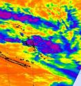 When NASA's Aqua satellite passed over System 96P on March 8, most of the coldest, highest cloud tops and strongest thunderstorms (purple) were still over open waters and east of Vanuatu.