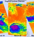 These three days of AIRS infrared imagery show how wind shear took its toll on Cyclone Cherono and weakened it to a remnant low pressure area. On March 19 (left) it was a tropical storm with a band of thunderstorms around west of center. On March 20 the banding was gone and strong convection (purple) was limited to north of the center of circulation. By March 21 Cherono had become asymmetric from wind shear and weakened to a remnant low.